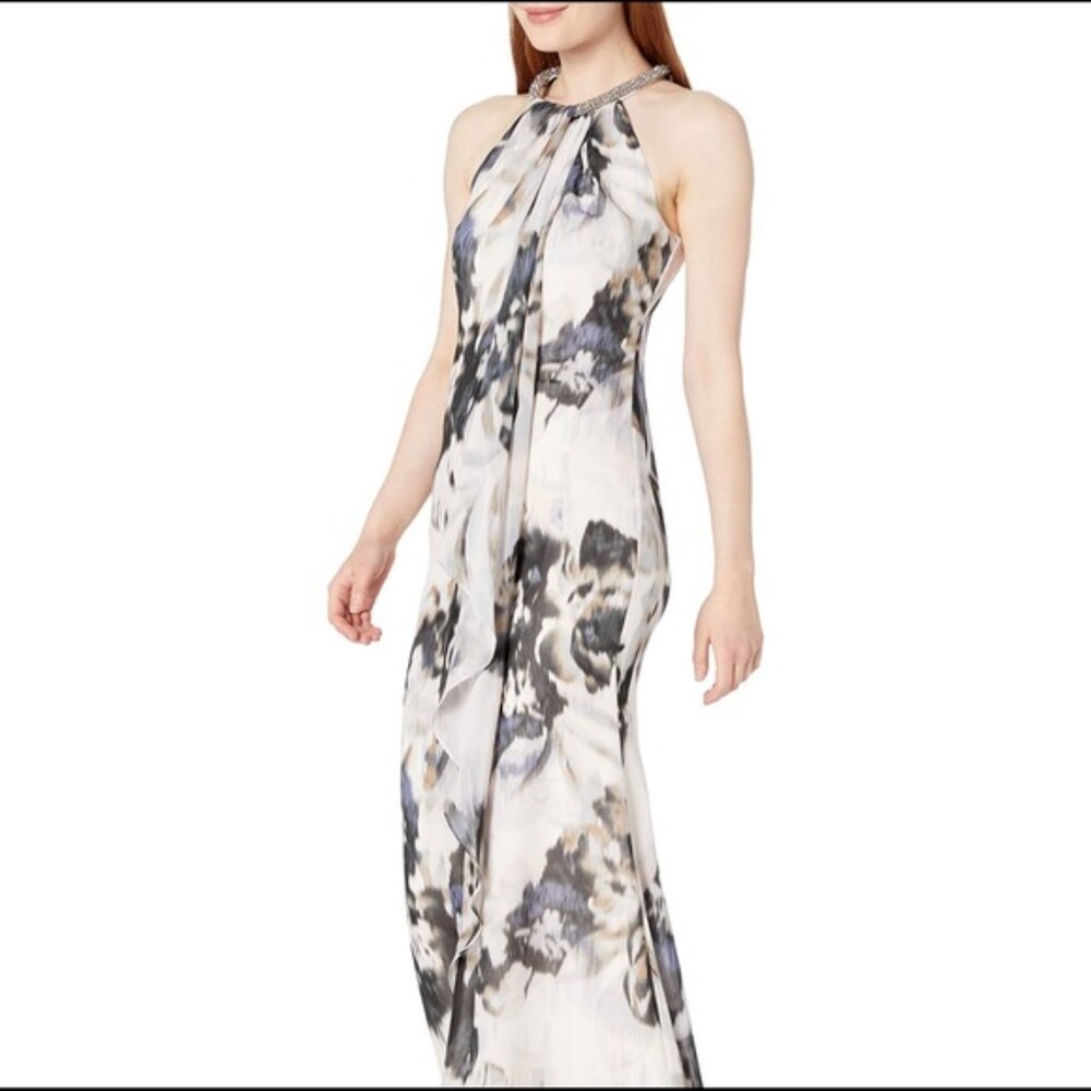 Calvin Klein Sleeveless Halter Maxi Dress in Cream and Gray Floral